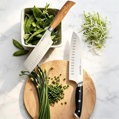 WICKWILLOW 7-Inch Santoku Knife - German X50CrMoV15 Steel, Hollow Edge Kitchen Knife for Meal Prep, Vegetables, Herbs & Boneless Proteins - Razor-Sharp, Full Tang, Ergonomic Handle, Gift Box