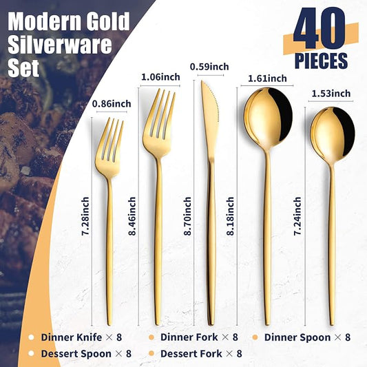40 Piece Gold Silverware Set,Stainless Steel Flatware Cutlery Set Service for 8 Including Forks Spoons Knives,Kitchen Utensil Set,Tableware for Home and Restaurant, Dishwasher Safe
