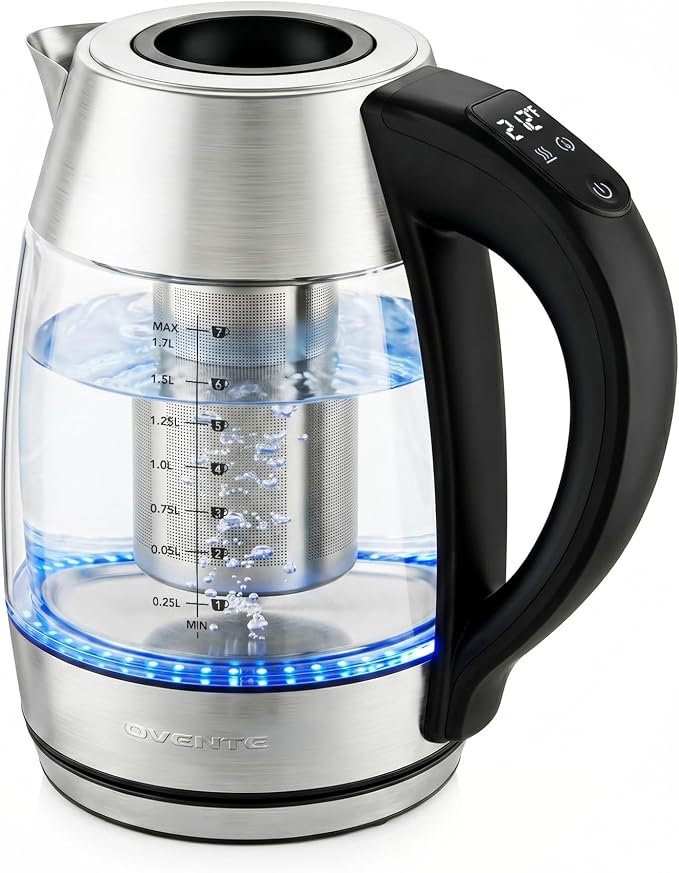 OVENTE Electric Tea Kettle with Temperature Control, Removable Tea Infuser, Easy to Fill Lid, Keep Warm Function, Auto Shut-Off, 1.7L Double Wall Borosilicate Glass, Stainless Steel Base, Silver KD68S