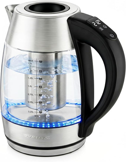 OVENTE Electric Tea Kettle with Temperature Control, Removable Tea Infuser, Easy to Fill Lid, Keep Warm Function, Auto Shut-Off, 1.7L Double Wall Borosilicate Glass, Stainless Steel Base, Silver KD68S