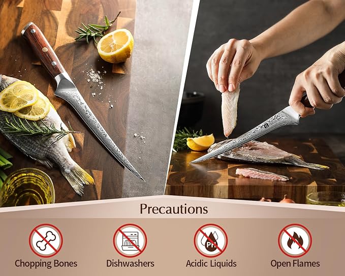 XINZUO 7 Inch Fillet Knife, Damascus Steel with 10Cr15MoV Core, Razor Sharp Boning Knife for Fish, Meat & Seafood, Rosewood Handle