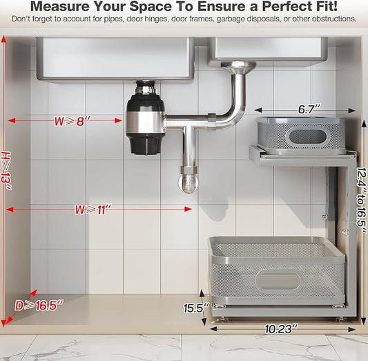 2 Pack 15.5IN-Depth Under Sink Organizer With Next-Gen Ball-Bearing Slides,2-Tier Precision Mesh Pull Out Cabinet Storage for Bathroom&Kitchen,Height Adjustable Drawers Shelf,Anti-rust-Grey