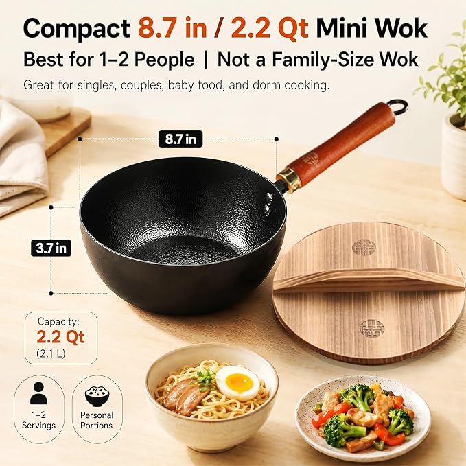 WANGYUANJI Carbon Steel Wok with Lid, 8.7" Small Mini Wok Pan, Thickened Heavy Duty Flat Bottom for Deep Frying, Camping & Solo Meals, Induction Ready, Seasoning Required