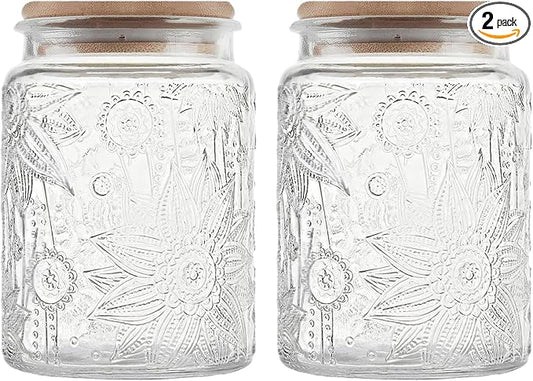 Custde Vintage Glass Jar with Bamboo Lid, 23.7 FL oz - Airtight Decorative Food Storage Canisters for Kitchen Counter, Ideal for Candy, Sugar, Coffee, Cookies (Sunflower*2)