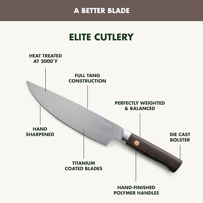 GreenPan Elite 13 Piece Wooden Knife Block Set, Professional Stainless Steel Blades with Titanium Coating, Ultra-Sharp Kitchen Cutlery, Chef, Santoku, Bread & Steak Knives, Ergonomic Brown Wood Handle