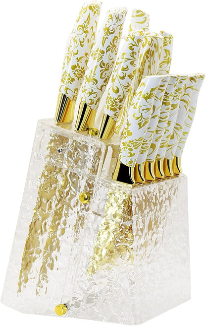 Knife Block Set, Gold Sharp Knives with Acrylic Block, Stainless Steel Kitchen Knife Set with Serrated Steak Knife, Chef Knife, Bread Knife, Scissors, Sharpener, 14Pcs Professional Knife Set for gift