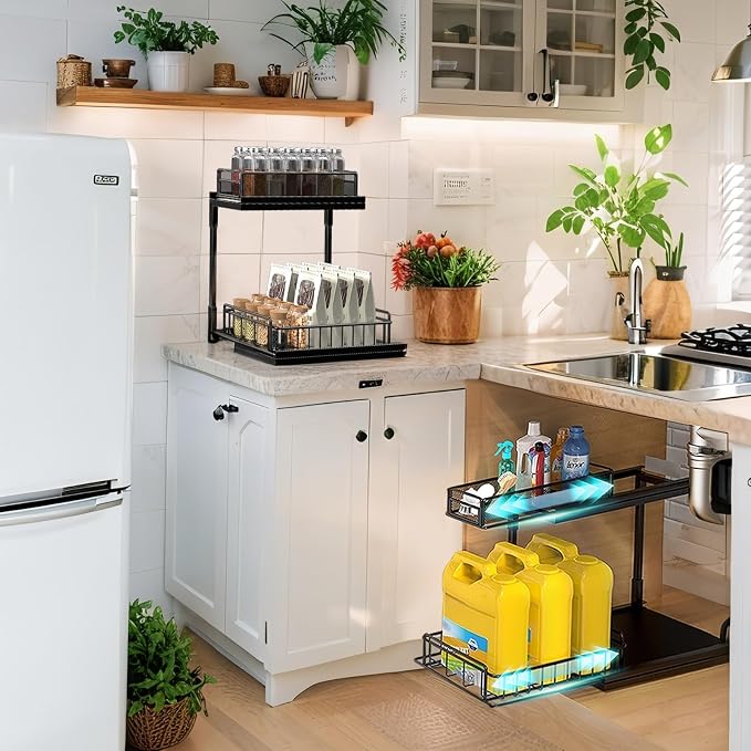 Under Kitchen Sink Pull Out Organizer, Pull Out Under Cabinet Organizer with 2 Tier for Kitchen Bathroom, Home Kitchen Storage Organization, Black, 2 Pack