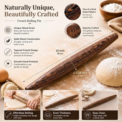 15.75 Inch French Rolling Pin – Smooth & Balanced Wooden Dough Roller for Baking and Pastry, Distinctive Feathered Grain Beauty
