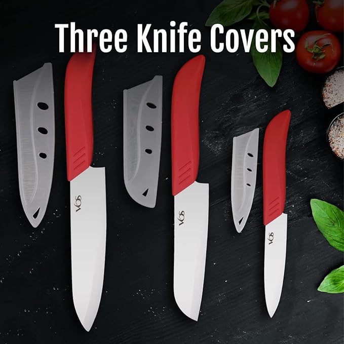 Vos Ceramic Knife Set in Elegant Gift Box, Ceramic Knives Set For Kitchen, Ultra Sharp Kitchen Knife Set with Covers, 4" 5" 6" Paring, Santoku & Chef Knife, Lightweight, Dishwasher safe (Red Handle)