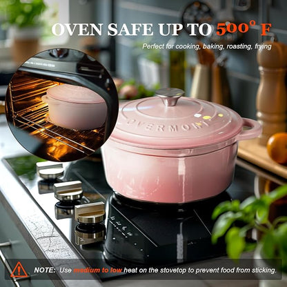 Overmont Enameled Cast Iron Dutch Oven - 7QT Pot with Lid Cookbook & Cotton Potholders - Heavy-Duty Cookware for Braising, Stews, Roasting, Sourdough Baking pink