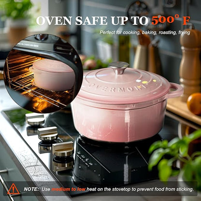 Overmont Enameled Cast Iron Dutch Oven - 5.5QT Pot with Lid Cookbook & Cotton Potholders - Heavy-Duty Cookware for Braising, Stews, Roasting, Sourdough Baking pink