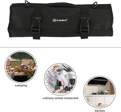Knife Set Roll Bag, 8 Pieces German High Carbon Stainless Steel Chef Knives with Hollow Handle, Portable Knife Roll Storage Bag, Blade Guards, Kitchen Shears for Outdoor Camping Travel