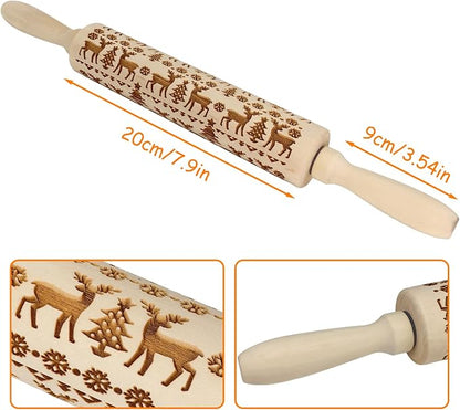 Embossed Wooden Rolling Pin, 3D Engraved Snowflake Elk Deer Laser Engraved DIY Tool for Kids and Adults to Make Cookie Dough Crusts Pies Pastry