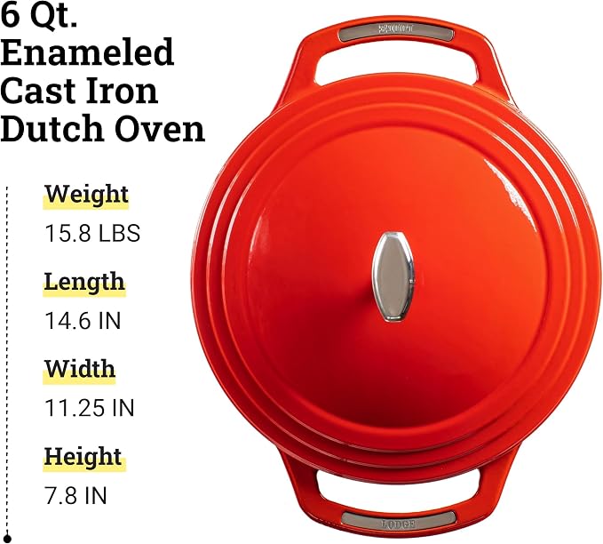 Lodge USA Enamel 6 Qt Enameled Cast Iron Dutch Oven - Cast Iron Cookware - Dutch Oven Pot with Lid - Cherry On Top Color - 6 Qt Capacity