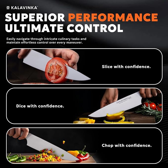 8 Inch Razor Sharp Chef Knife, High Carbon German Steel Blade with Comfortable Grip, Ideal for Meal Prep with Gift Box and 3.5 Inch Paring Knife, BBQ Knife (RUPA)