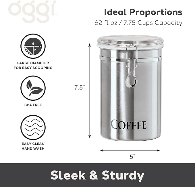 Oggi Stainless Steel Coffee Canister 62 fl oz - Airtight Clamp Lid, Clear See-Thru Top - Ideal for Coffee Bean Storage, Ground Coffee Storage, Kitchen Storage, Pantry Storage. Large Size 5" x 7.5".