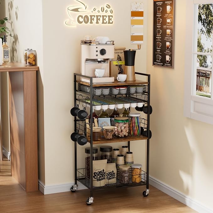 Homsorout Coffee Bar Station with Storage Drawer - 5 Tier Coffee Table Countertop Organizer for K Cups, Tea Bags, Sugar Storage and Kitchen Cabinets (Brown)
