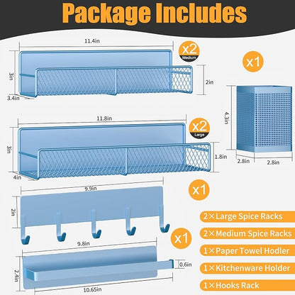 Magnetic Spice Rack for Refrigerator, 7 Pack Metal Magnetic Shelf Blue, Moveable Spice Organizer with Hook Rack, Paper Towel Holder, Kitchenware Holder, Strong Magnetic Storage Fridge Organizer