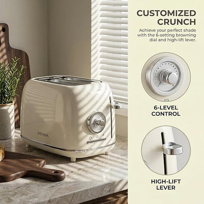 2 Slice Toaster, Retro Stainless Steel Toaster with Wide Slots, 6 Browning Settings & High Lift, Premium Glossy Finish, Removable Crumb Tray, Compact Modern Toast Maker for (Ivory White)