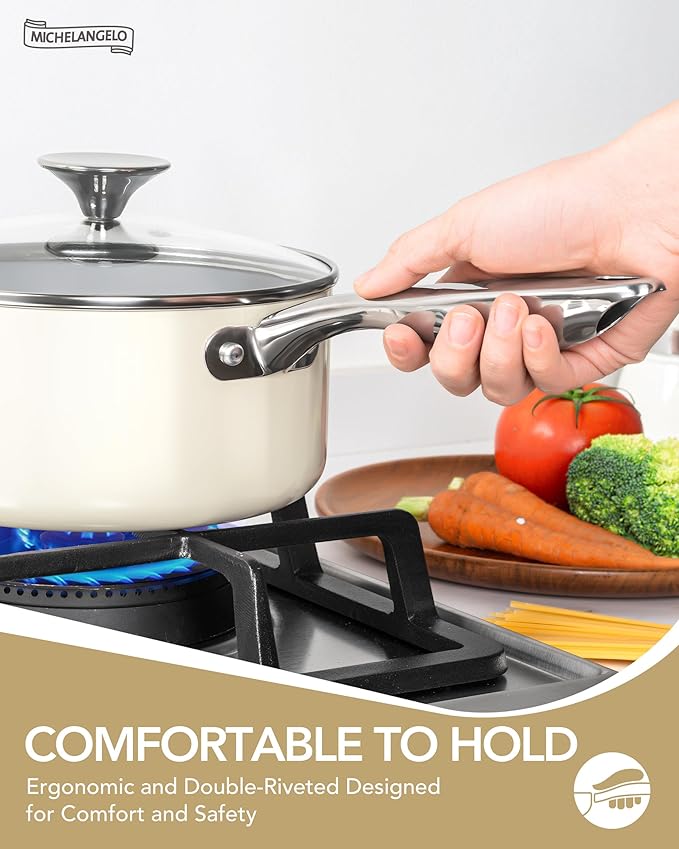 MICHELANGELO Pots and Pans Set Non Stick 8 Piece Ceramic Cookware Set Cream | PFAS-Free Cream Ceramic Nonstick Cookware Set for Eggs, Pancakes, Sauces, Low-Oil Cooking and Induction Stoves, Fast Cleanup