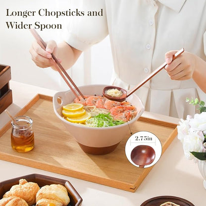 MALACASA 42 oz Ceramic Ramen Bowl Set with Wooden Spoon & Chopsticks, Japanese Style Soup Bowls for Ramen, Pho, Noodles – Set of 2, Microwave & Dishwasher Safe, Series TARA (Pink and Khaki)