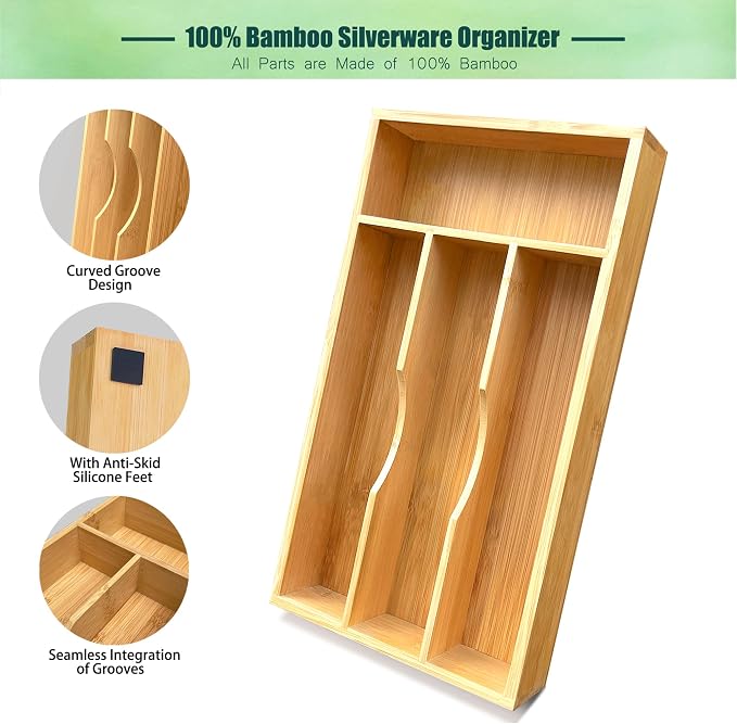 guiogc Bamboo Kitchen Drawer Silverware Organizer, 7 Inch Silverware Utensils Tray Holder for Small Drawer, Wood Caddy for Flatware Cutlery Knives 4-Slots