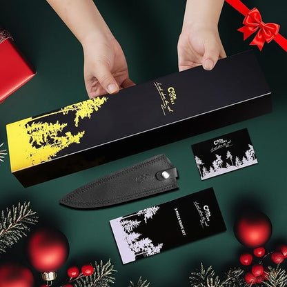 Professional Japanese Damascus Chef Knife 8 Inch - VG-10 High Carbon Steel, Ergonomic Resin Handle with Leather Sheath & Luxury Gift Box
