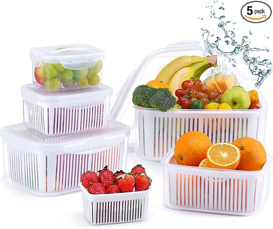 LUXEAR Larger Fruit Vegetable Produce Storage Saver Containers with Lid & Colander 5 Packs BPA-Free Plastic Fresh Keeper Set | Refrigerator Fridge Organizer | for Salad Berry Lettuce Food Celery