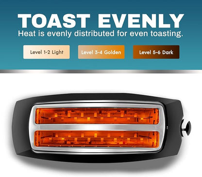 Elite Gourmet ECT4829B# Long Slot 4 Slice Toaster, Reheat 6 Toast Settings, Defrost, Cancel Functions, Built-in Warming Rack, Extra Wide Slots for Bagels Waffles, Black