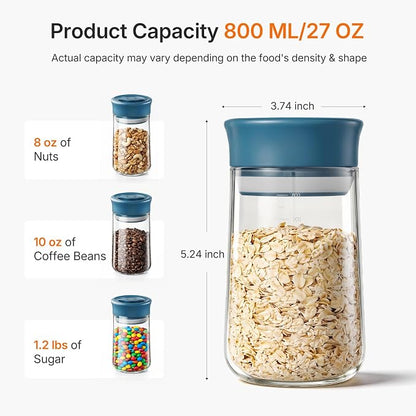 Airtight Food Jar with Blue Rotary Lid, 27oz Borosilicate Food Storage Canisters with Measurement Marks, Wide Mouth Pantry Jar for Kitchen, Counter, Coffee Beans, Oats, Cereal, Pasta, Cookie