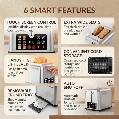 Touch Screen Toaster 2 Slice, Retro Stainless Steel Smart 2 Slice Toaster with Digital Timer,1.5" Wide Solt with 6 Shade Settings, Perfect for Waffles, Bagels and More 238TCB(Silver)