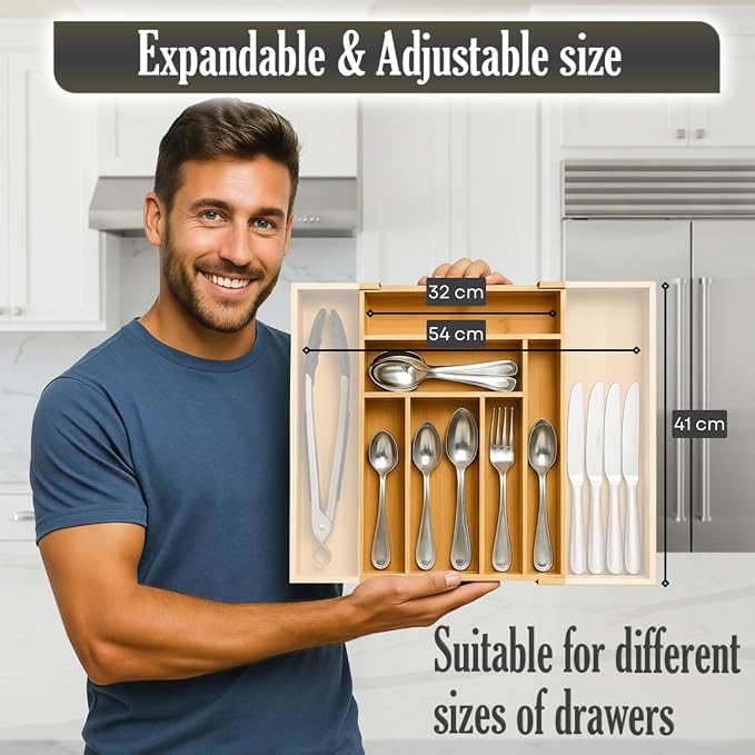 9-Slots Bamboo Drawer Organizers for Kitchen, Expandable Silverware Drawer Organizer, Multipurpose Utensil Organizer for Kitchen Drawers, Large Cutlery Drawer Organizer for Spoons, Forks & Knives