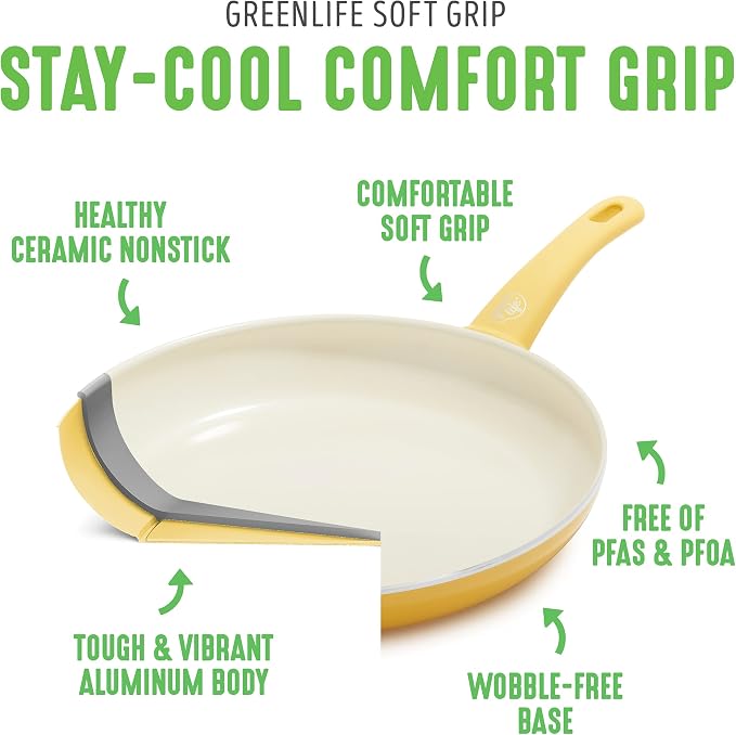 GreenLife Soft Grip 1QT and 2QT Saucepan Set, Healthy Ceramic Nonstick, Non Toxic PFAS & PFOA-Free, Dishwasher Safe, Glass Lids, Stay-Cool Handles, Easy Clean Cookware, Kitchen Essentials, Yellow