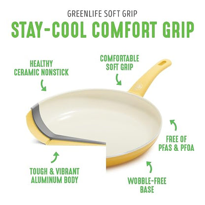 GreenLife Nonstick 8" Frying Pan Skillet, Non-Toxic PFAS-Free Ceramic Nonstick, Dishwasher & Oven Safe, Stay-Cool Handles, Wobble Free, Yellow