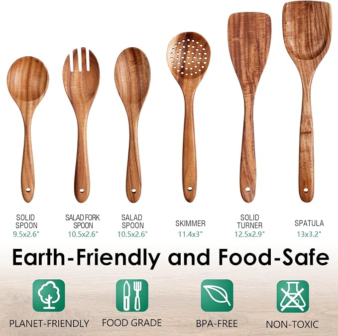 HOWHONG Wooden Spoons for Cooking, Teak Wood Kitchen Utensil Set, Premium Handmade Wooden Utensils for Nonstick Cookware, Heat Resistant, Smooth Finish, Comfortable Grip, 6 Piece