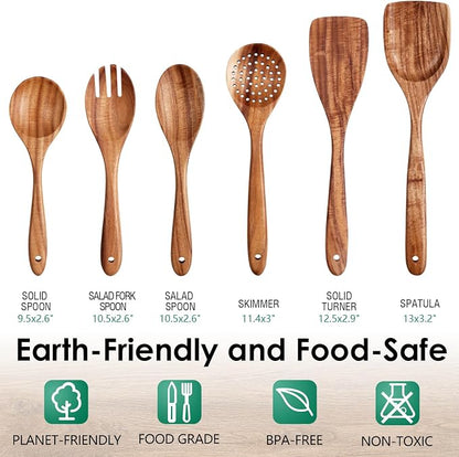 HOWHONG Wooden Spoons for Cooking, Teak Wood Kitchen Utensil Set, Premium Handmade Wooden Utensils for Nonstick Cookware, Heat Resistant, Smooth Finish, Comfortable Grip, 6 Piece