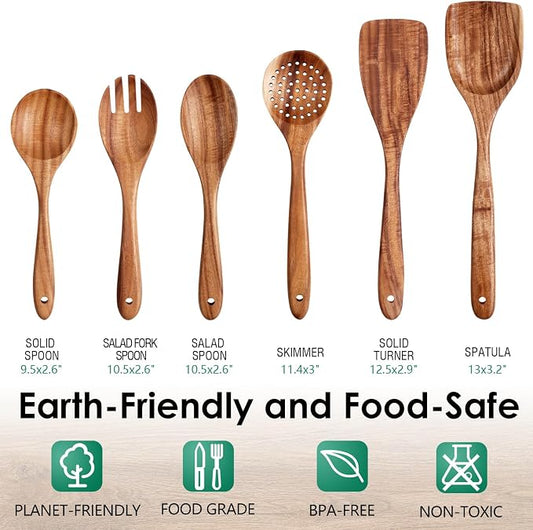 HOWHONG Wooden Spoons for Cooking, Teak Wood Kitchen Utensil Set, Premium Handmade Wooden Utensils for Nonstick Cookware, Heat Resistant, Smooth Finish, Comfortable Grip, 6 Piece