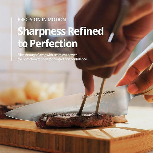 WICKWILLOW 8 Inch Chef Knife - Swedish Steel 14C28N with Italian Olive Wood Handle - Professional Kitchen Knife for Culinary Enthusiasts - Meat, Vegetables & Daily Prep - Gift Box - Jarniva Series