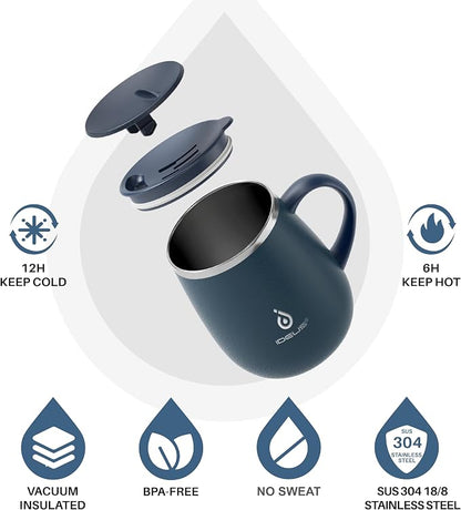 Ideus 16 oz Insulated Coffee Mug with Handle and Lid, Double Wall Stainless Steel Vacuum Thermal Coffee Mug, Travel Coffee Cup Thermal Cup for Home and Office, Navy Blue 2.0