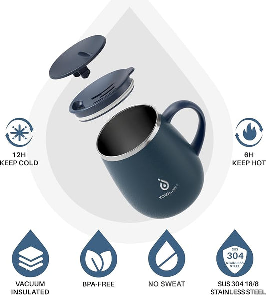 Ideus 16 oz Insulated Coffee Mug with Handle and Lid, Double Wall Stainless Steel Vacuum Thermal Coffee Mug, Travel Coffee Cup Thermal Cup for Home and Office, Navy Blue 2.0