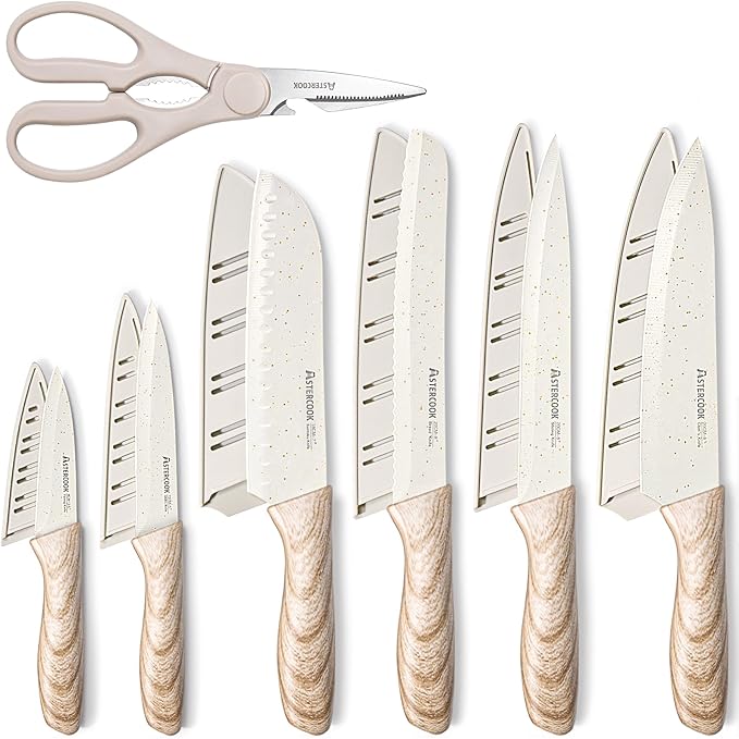 Astercook Knife Set, 13 Pieces Kitchen Knives Set with Ceramic Coating, Stainless Steel Chef Knife Sets with 6 Blade Guards, Dishwasher Safe Knives with Wooden Handle, Elegant White