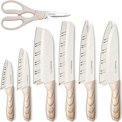 Astercook Knife Set, 13 Pieces Kitchen Knives Set with Ceramic Coating, Stainless Steel Chef Knife Sets with 6 Blade Guards, Dishwasher Safe Knives with Wooden Handle, Elegant White