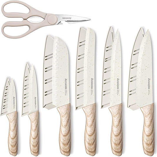 Astercook Knife Set, 13 Pieces Kitchen Knives Set with Ceramic Coating, Stainless Steel Chef Knife Sets with 6 Blade Guards, Dishwasher Safe Knives with Wooden Handle, Elegant White