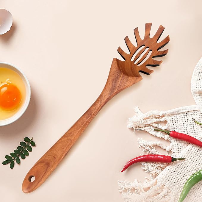Wooden Pasta Spoon with Teeth Spaghetti Fork Tongs 12.5 Inch Pasta Forks Serving Utensils Acacia Wood Spaghetti Server Spoons Ladle Pastas Spatula Kitchen Tool Spaghettis Scoop Strainer Noodle Spoon