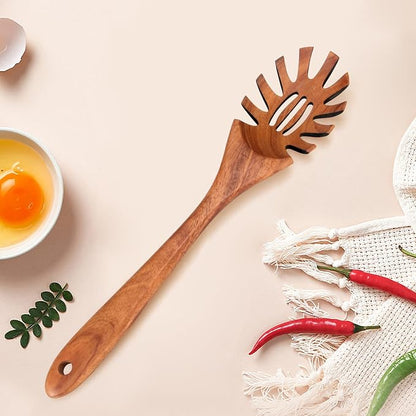 Wooden Pasta Spoon with Teeth Spaghetti Fork Tongs 12.5 Inch Pasta Forks Serving Utensils Acacia Wood Spaghetti Server Spoons Ladle Pastas Spatula Kitchen Tool Spaghettis Scoop Strainer Noodle Spoon