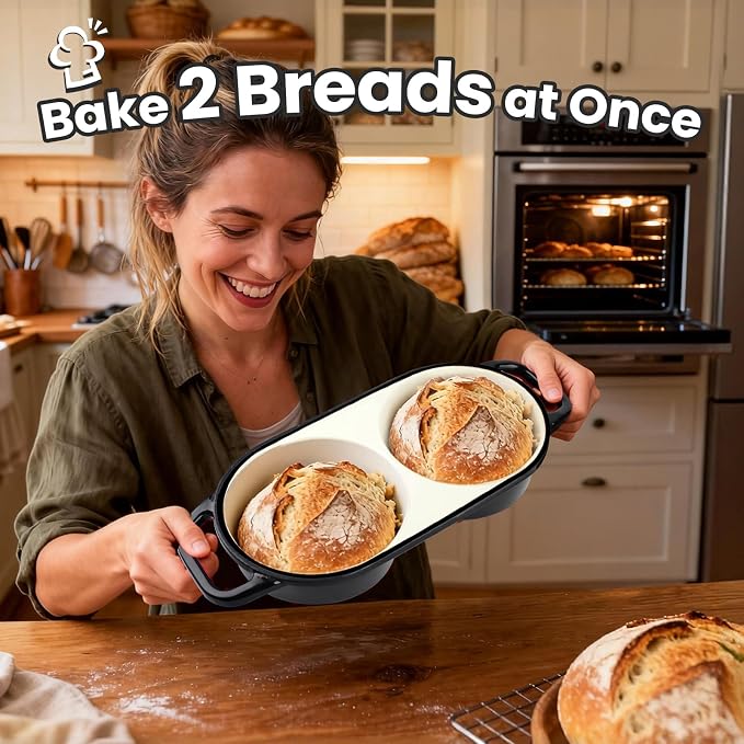 YONILL Mini Double Dutch Oven for Sourdough Bread Baking - Enameled Cast Iron Dutch Oven Pot with Lid and 5" Banneton Bread Proofing Basket Kit, Dual Round Bread Loaf Pan for Homemade Baking