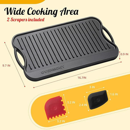 Overmont Reversible Cast Iron Grill Griddle Pan, Pre-Seasoned 17 x 9.8 Inch Dual-Sided Griddle Double Burner Cookware with Handles for Gas Grill, Stovetop, Oven, Campfire, Scrapers Included