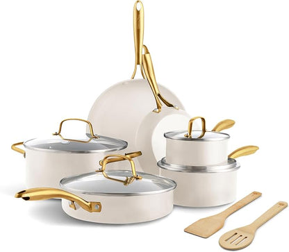 GreenPan 12 Piece Nonstick Swift Cookware Set, Ceramic PFAS-Free Pots & Pans with Lids, Dishwasher & Oven/Broiler Safe to 600F, Kitchen Cooking Set, Sauce, Saute, Stock, Frying Pans, Cream