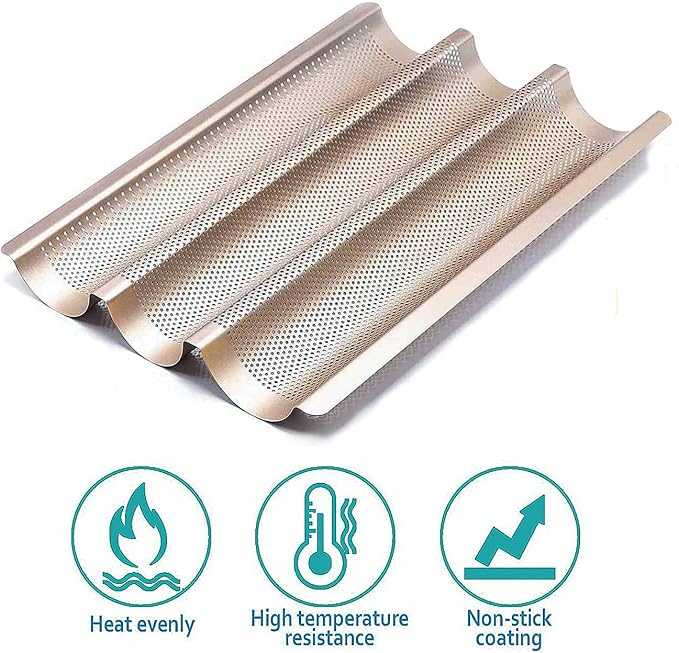 Baguette Pans for Baking 15" x 11", Carbon Steel 3 Loaf Nonstick Baguette Baking Tray for French & Italian Perforated French Bread Pan (2pack - Gold)