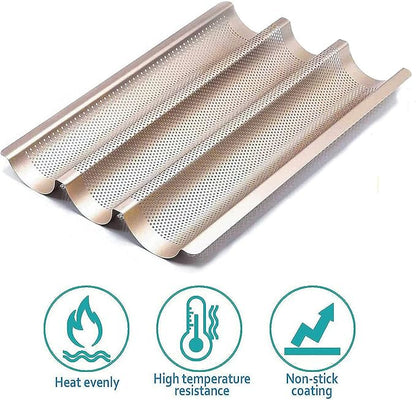 Baguette Pans for Baking 15" x 11", Carbon Steel 3 Loaf Nonstick Baguette Baking Tray for French & Italian Perforated French Bread Pan (2pack - Gold)